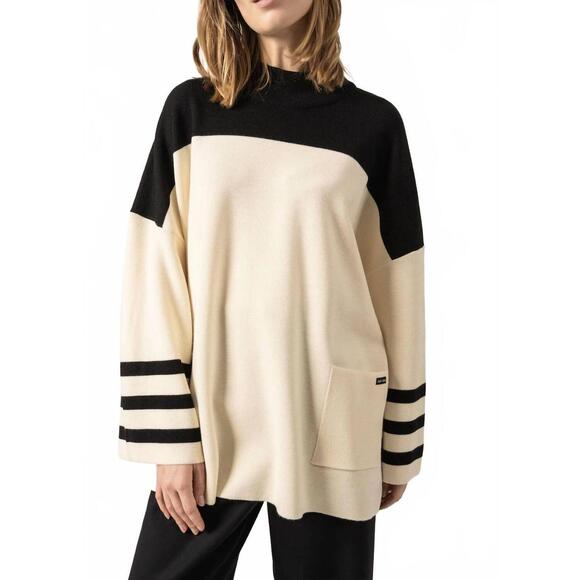 NEW SAINT JAMES givre mock-neck wool tunic sweater in ecume/noir